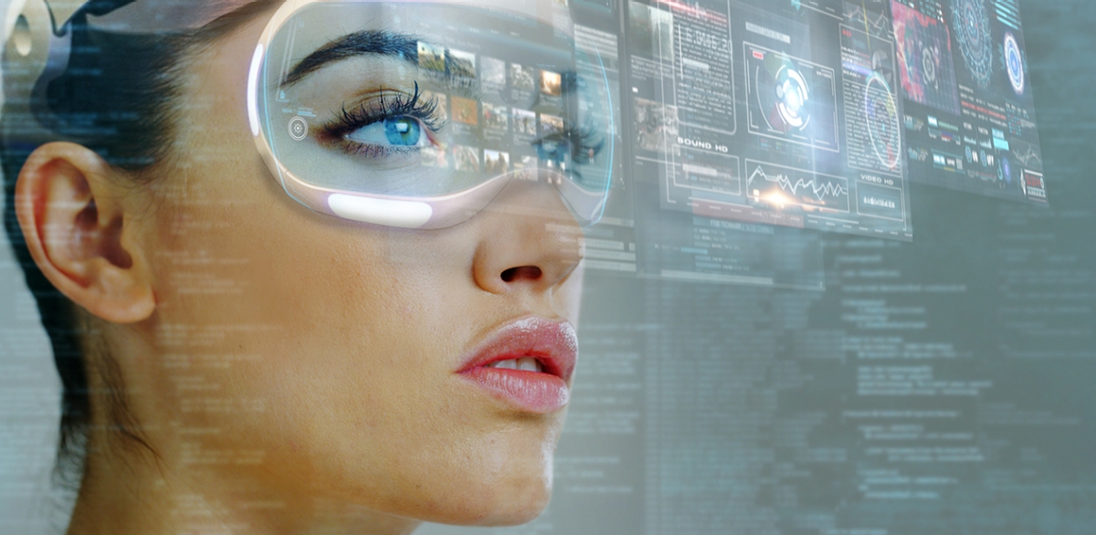 Close up of beautiful young woman using  futuristic  glasses with augmented reality hologram., Close up of beautiful young woman using  futuristic  glasses wit